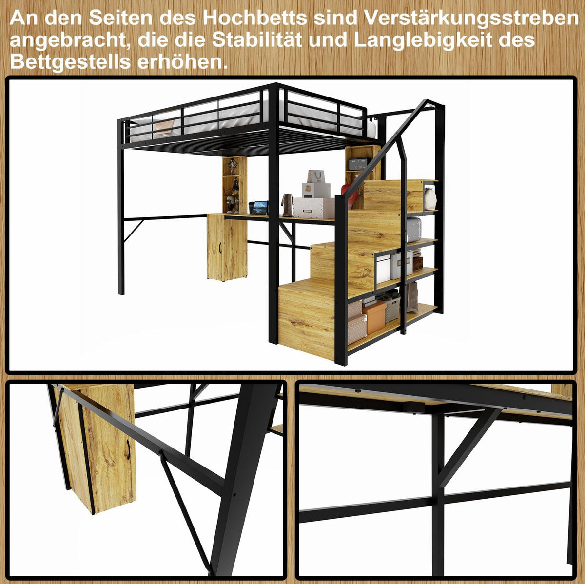 HOCHBETT Metall/MDF 140x200 cm Schwarz mit Schreibtisch, Schrank, Stauraumtreppe und USB-Anschluss - Schwarz, Metall (140/200cm) - Modfu