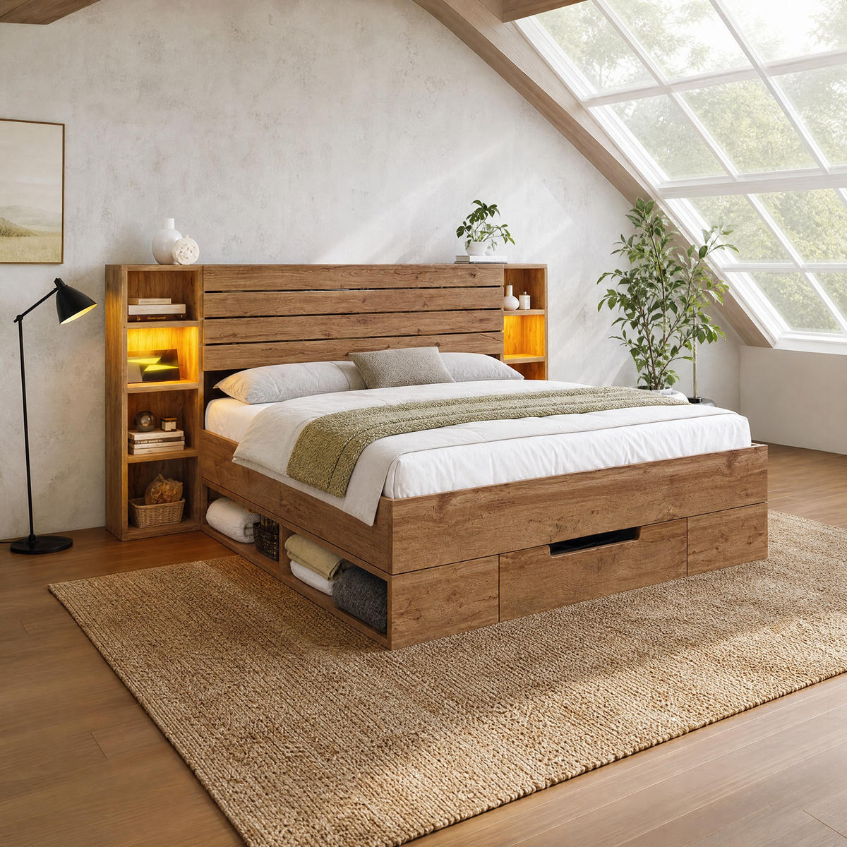BETT 180/200 mit LED, Schubladen und USB-C in Eiche - Eichefarben, Holzwerkstoff/Metall (180/200cm) - EVRYAE