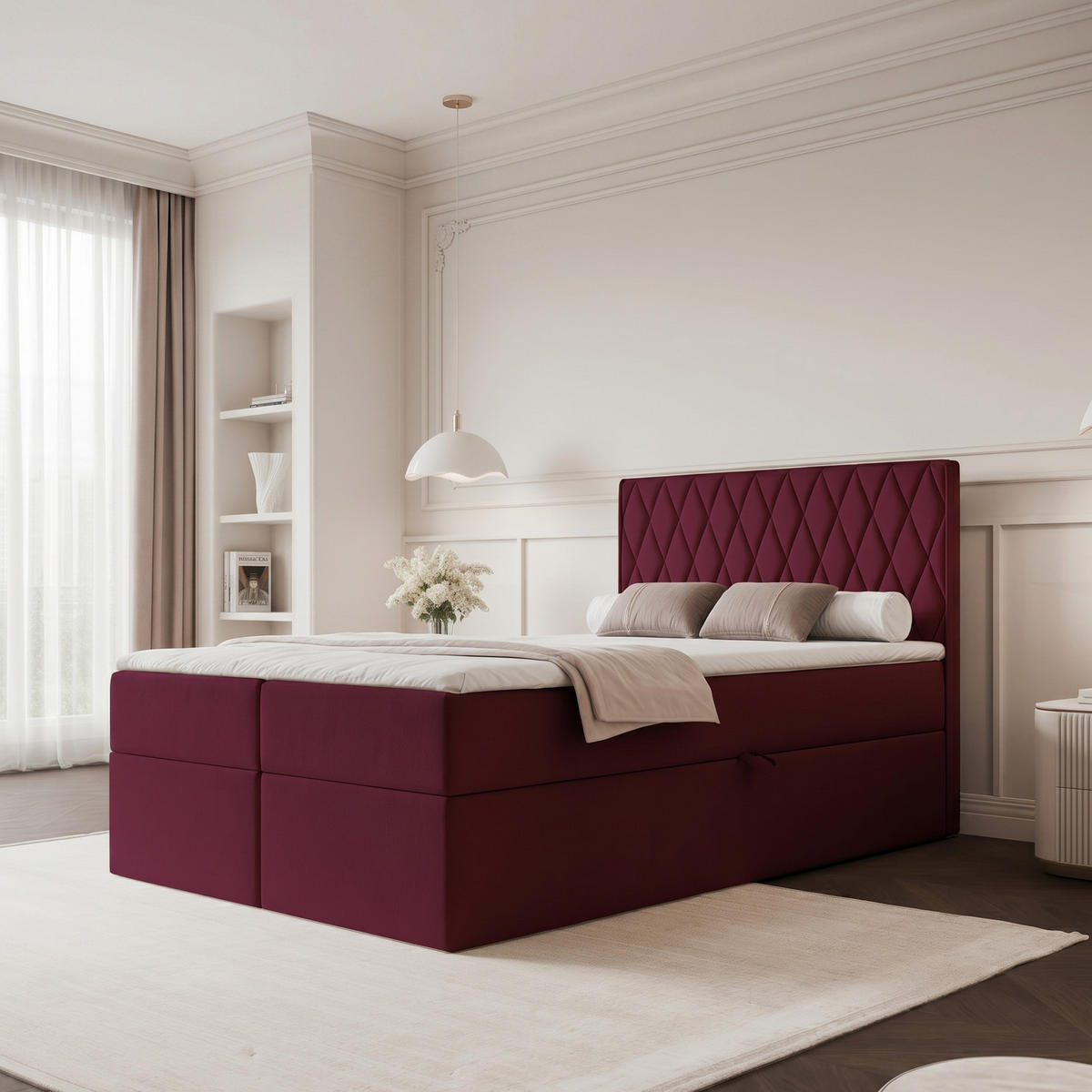 BOXBETT PONTI 120x200 cm Bordeaux (Samt) - mit 2 Bettkästen, Bonellmatratze und vertikaler Rautensteppung - Bordeaux, Holzwerkstoff/Textil (120/200cm) - Ravio