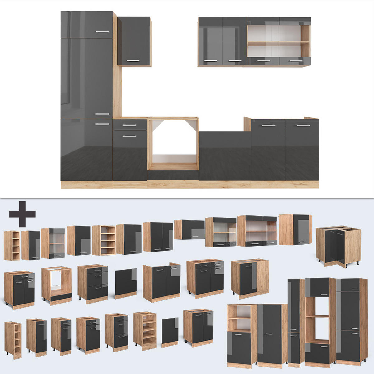 KÜCHENZEILE R-Line Anthrazit Hochglanz/Goldkraft Eiche 300 cm ohne AP - Anthrazit/Eiche Wotan, Holzwerkstoff (300/81.6/46cm) - Vicco