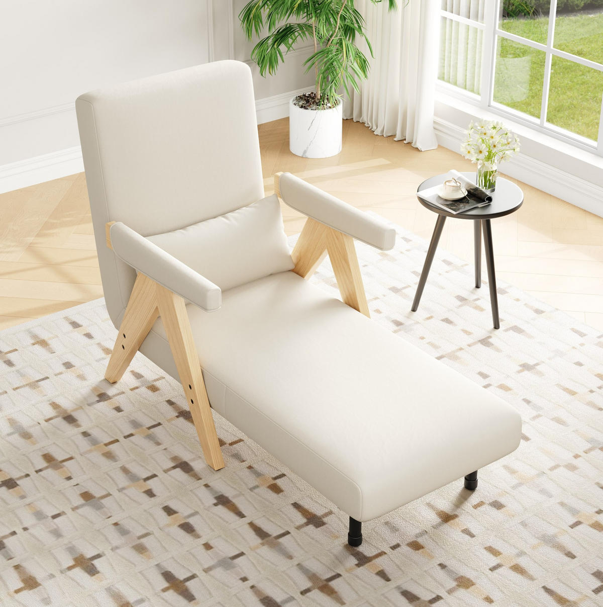 SCHLAFSESSEL aus Leinenstoff 87x64x60 cm Beige mit 3-in-1-Funktion, 6-fach verstellbarer Rückenlehne und Kissen - Beige, Textil (64/87/60cm) - Modfu
