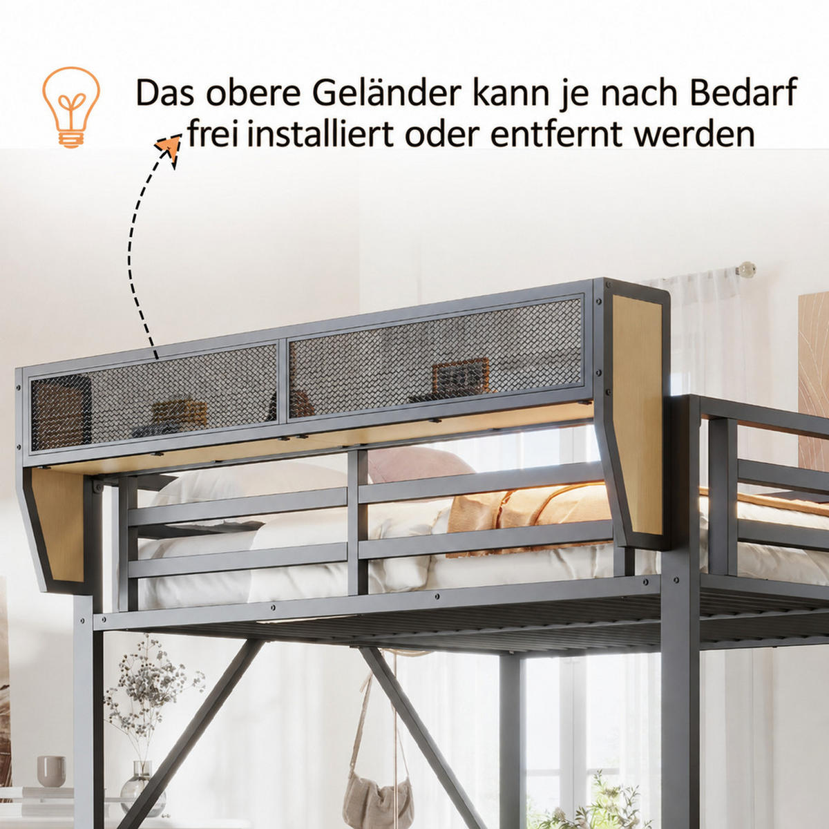HOCHBETT 140/200 cm Schwarz mit Sicherheitsleiter und flexiblem Staufach - Schwarz, Metall (140/200cm) - Oxeza