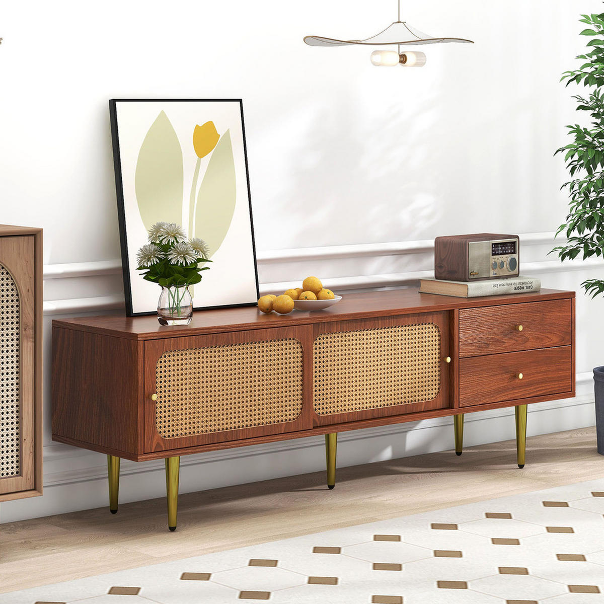 TV-STÄNDER 160x40cm Nussbaum Rattanschiebetüren 2 Schubladen 4 Fächer - Braun, Holz (48/18.5/69cm) - FLIEKS