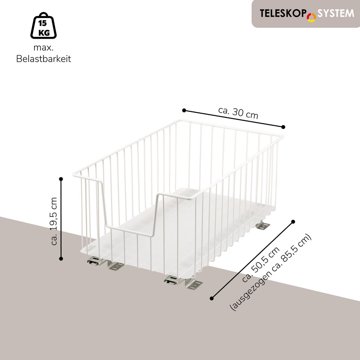 SCHRANK-KORBAUSZUG, weiß, Metall - Weiß, Metall (30/23/50.5cm) - bremermann