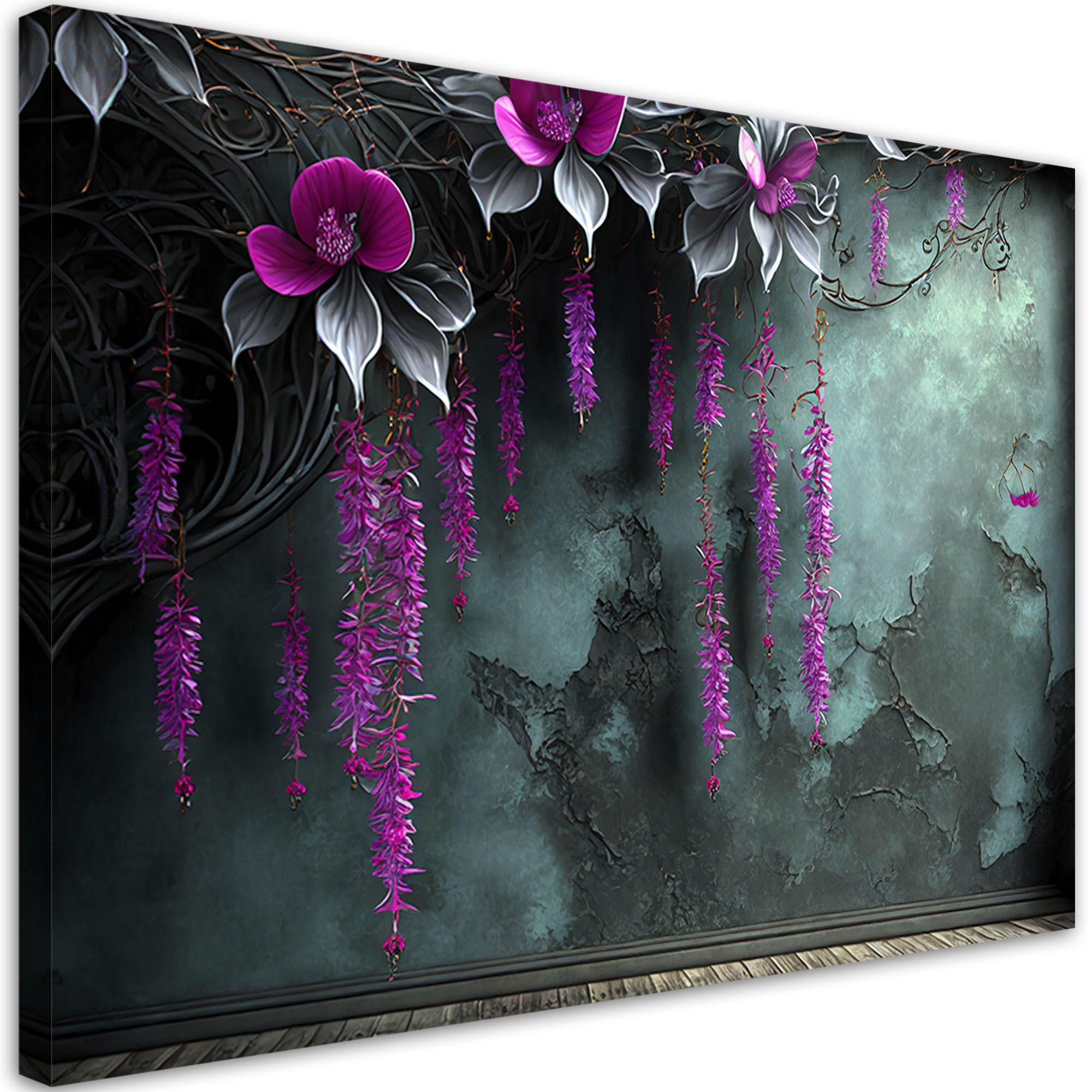 LEINWANDBILD Hängende violette Blumen auf Betonhintergrund 100x70cm - Grün, Textil (100/70cm) - Feeby