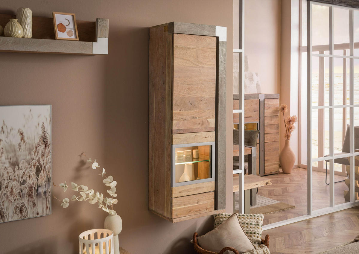 HÄNGEVITRINE Akazie 48x35x142 beige lackiert Amsterdam #112 - Beige, Holz (48/142/35cm) - Massivmoebel24