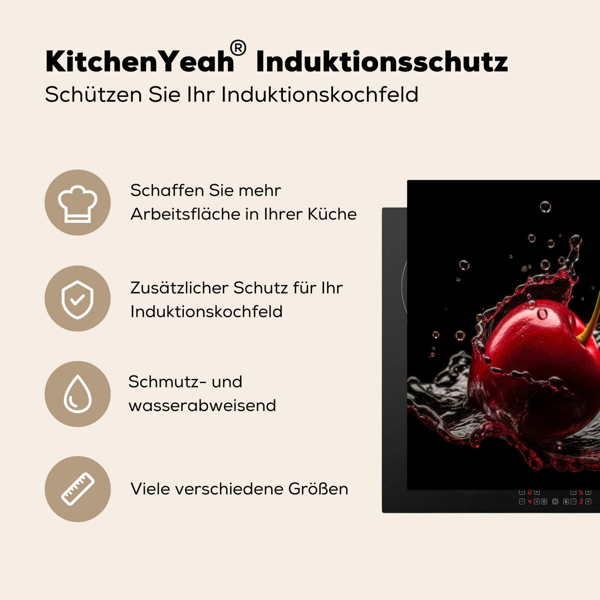HERDABDECKPLATTE Kirsche - Rot - Frucht - Wasser - Schwarz 58x51 cm - Kirschrot, Kunststoff (58.3/0.2/51.3cm) - MuchoWow