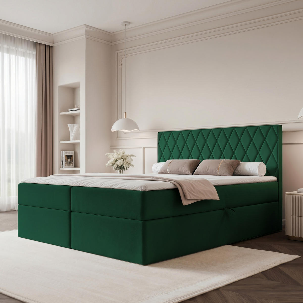 BOXBETT PONTI 160x200 cm Dunkelgrün (Samt) - mit 2 Bettkästen, Bonellmatratze und vertikaler Rautensteppung - Dunkelgrün, Holzwerkstoff/Textil (160/200cm) - Ravio