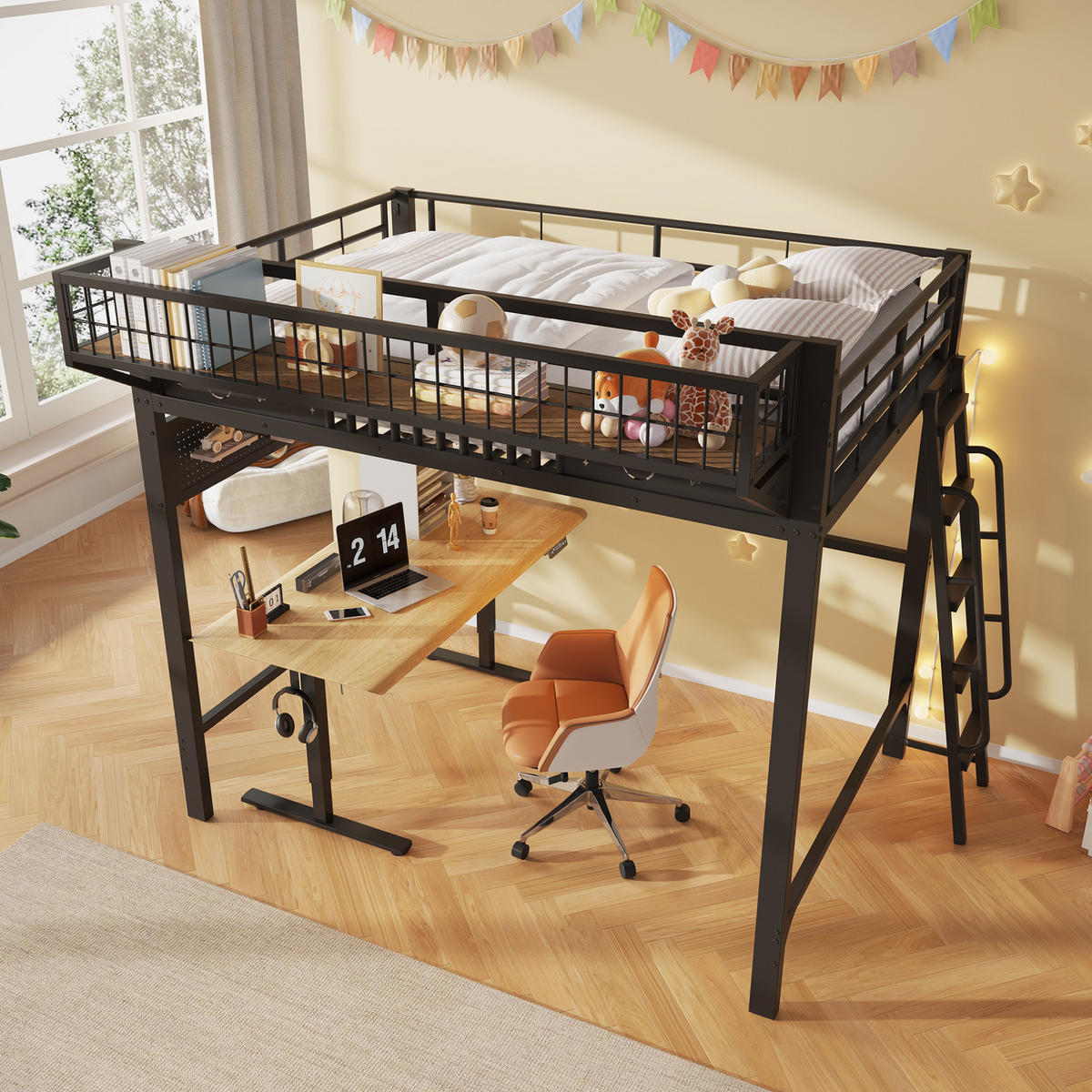 HOCHBETT aus Metall 140x200 cm Schwarz mit Staufächern und flexibel montierbarer Treppe - Schwarz, Metall (140/200cm) - Modfu