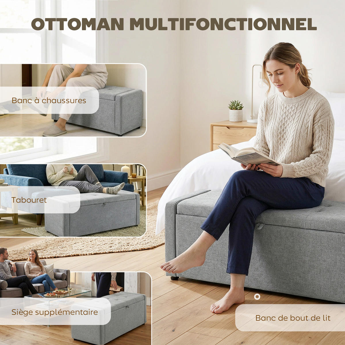 TRUHENBANK DE-16455 breit gepolstert mit Stauraum Hellgrau - Hellgrau, Textil (122/44/48cm) - ComfortXL