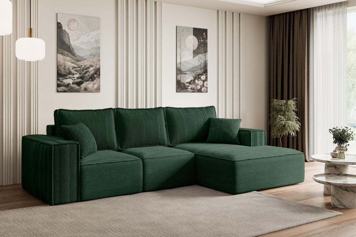 ECKSOFA mit Schlaffunktion und Bettkasten SERRA-L-S - 266x161x87 cm Grün Cord - Schwarz/Grün, Holzwerkstoff/Kunststoff (266/161cm) - ALTDECOR