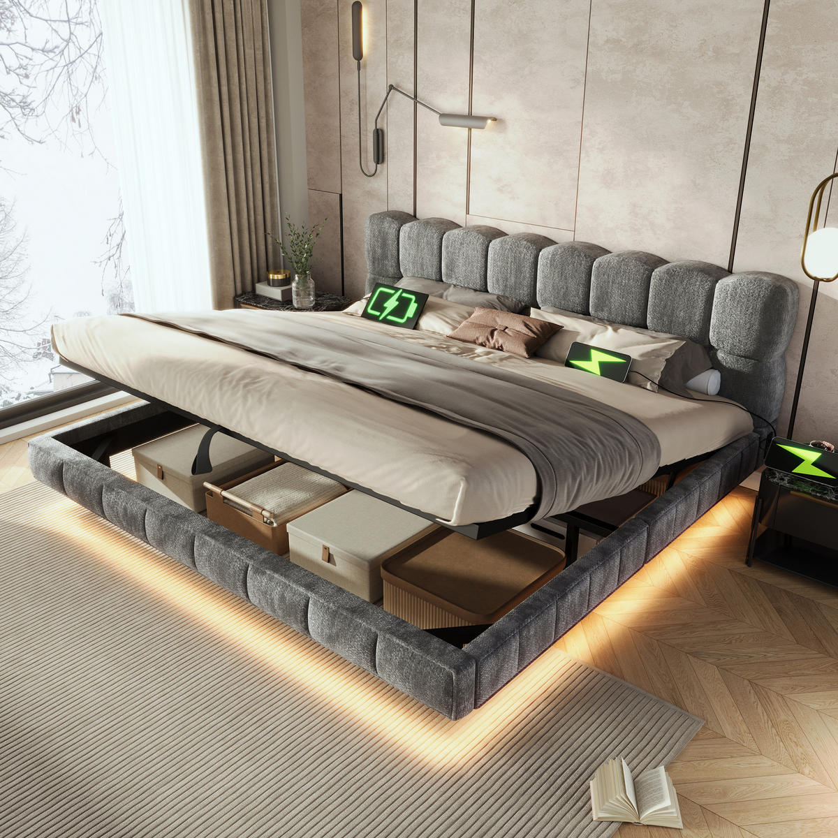 STAURAUMBETT 160/200 cm mit Stauraum, LED und USB, DE-41523, in Grau - Grau, Metall (160/200cm) - ComfortXL