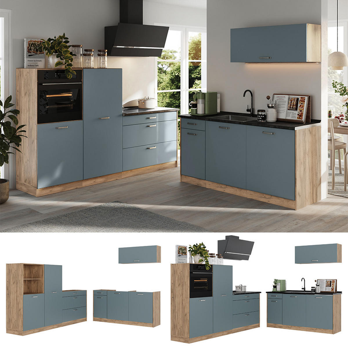 KÜCHENZEILE R-Line, Blau-Grau/Goldkraft Eiche, 220 cm ohne Arbeitsplatte - Eichefarben/Blaugrau, Holzwerkstoff (220/143/46cm) - Vicco