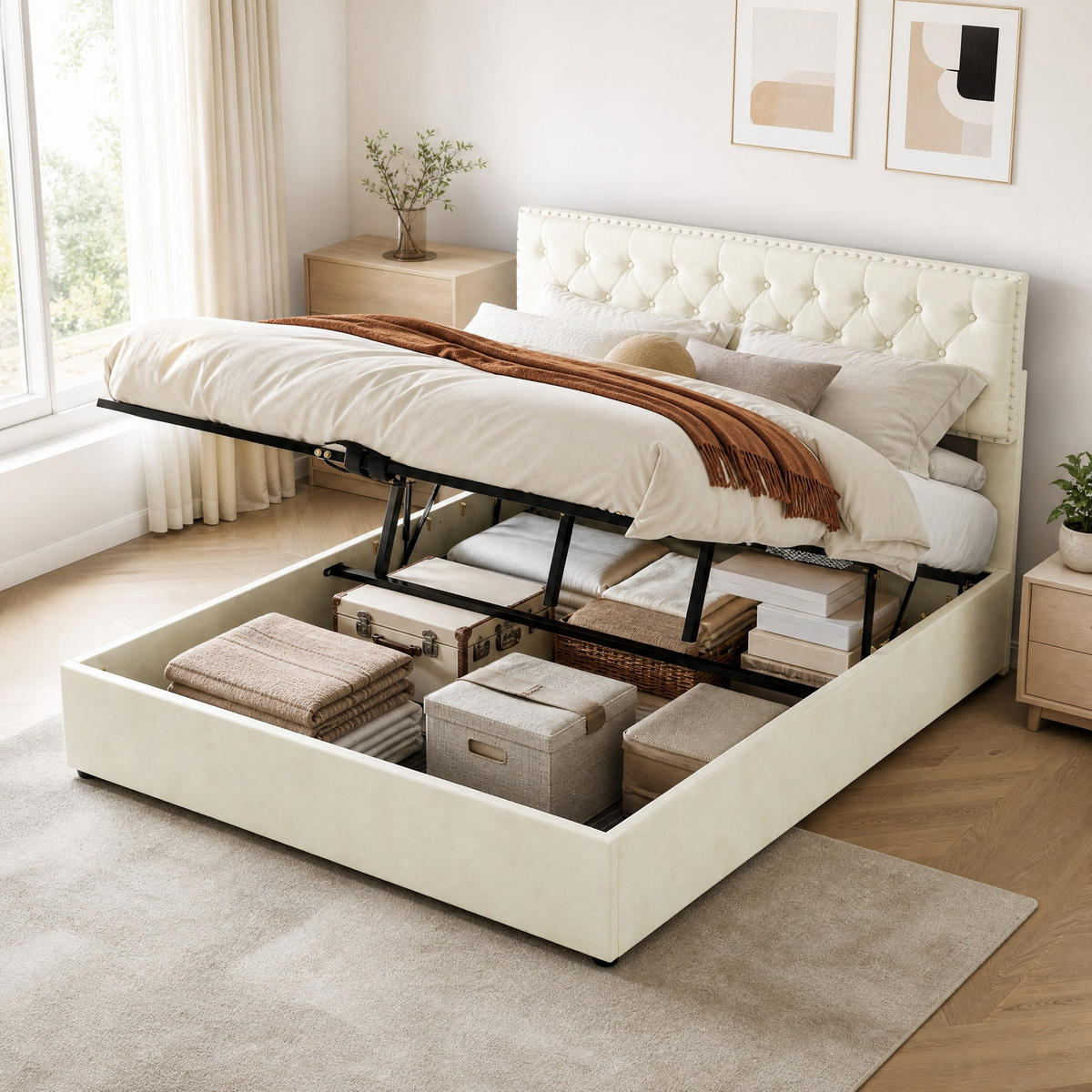 POLSTERBETT 160/200 mit Bettkasten, Hydraulikfunktion, Veloursbezug und weichem Kopfteil in Beige - Beige, Holzwerkstoff/Textil (160/200cm) - EVRYAE