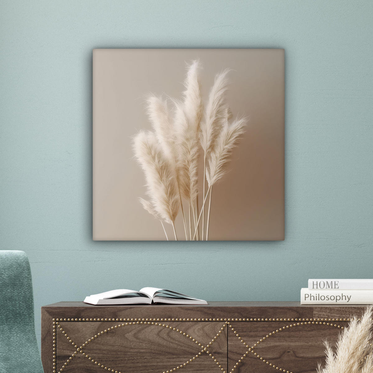 LEINWANDBILD Pampasgras - Federn - Pastell - Weiß Wandbild Wohnzimmer 50x50 cm - Naturfarben, Textil (50/50cm) - MuchoWow