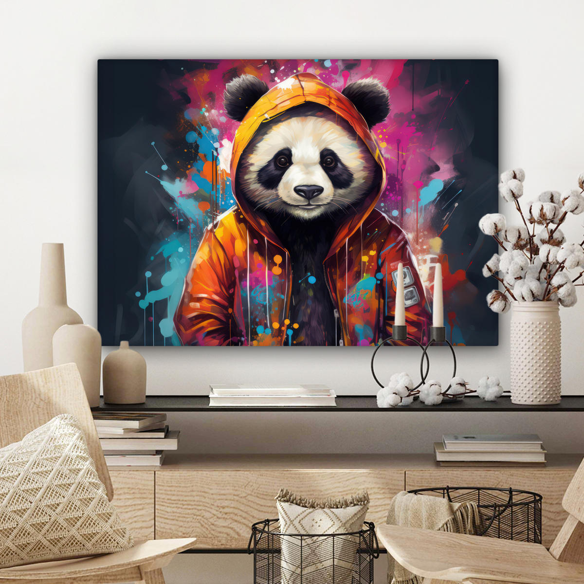 LEINWANDBILD Panda - Jacke - Graffiti - Orange Wandbilder 80x60 cm - Orange, Textil (80/60cm) - MuchoWow