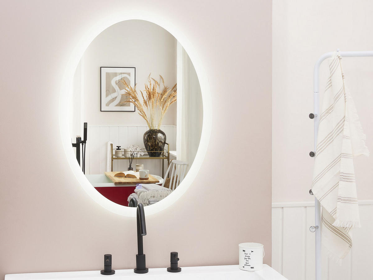 BADSPIEGEL mit LED-Beleuchtung oval 60/80 cm Viriat - Silberfarben, Glas (60/80/3cm) - Beliani