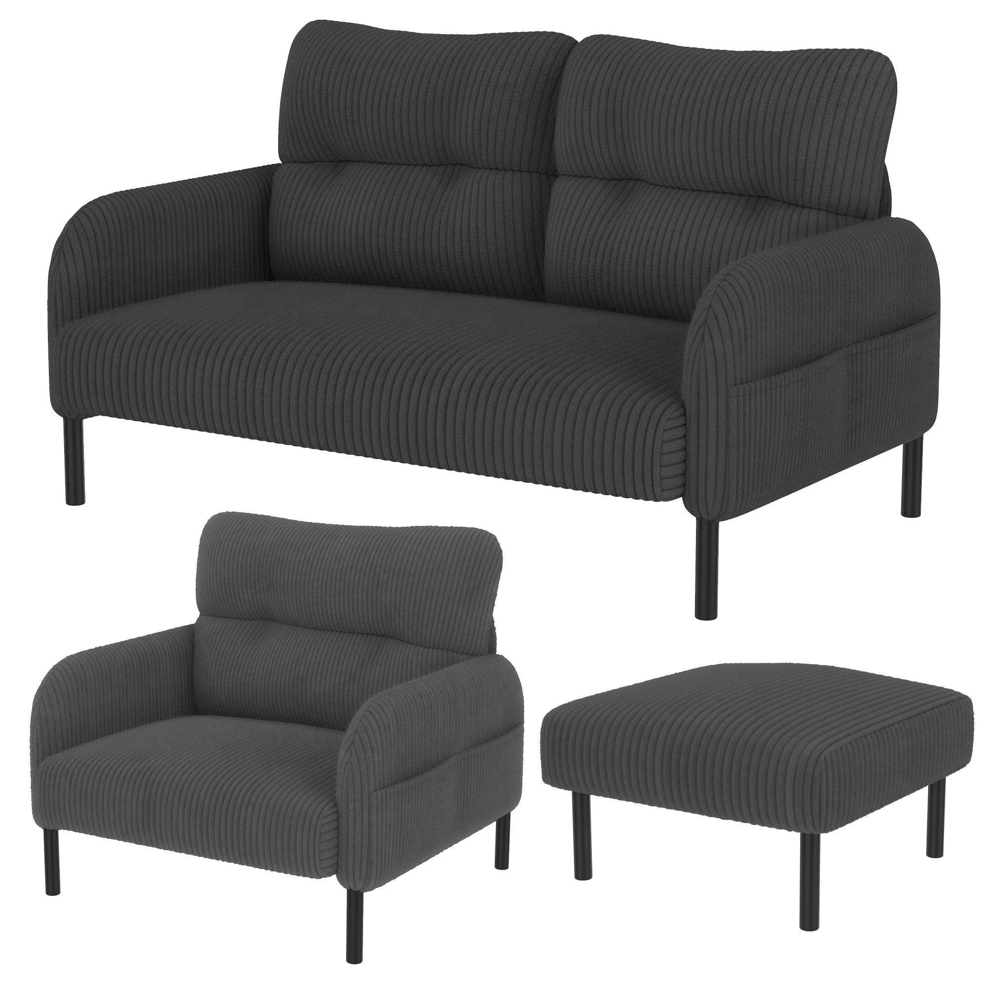 SOFA Set, 2-Sitzer+Sessel+Hocker, Cord, Grau - Schwarz/Grau, Textil/Metall (120/79/75cm) - LVHOM
