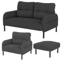 SOFA Set, 2-Sitzer+Sessel+Hocker, Cord, Grau - Schwarz/Grau, Textil/Metall (120/79/75cm) - LVHOM