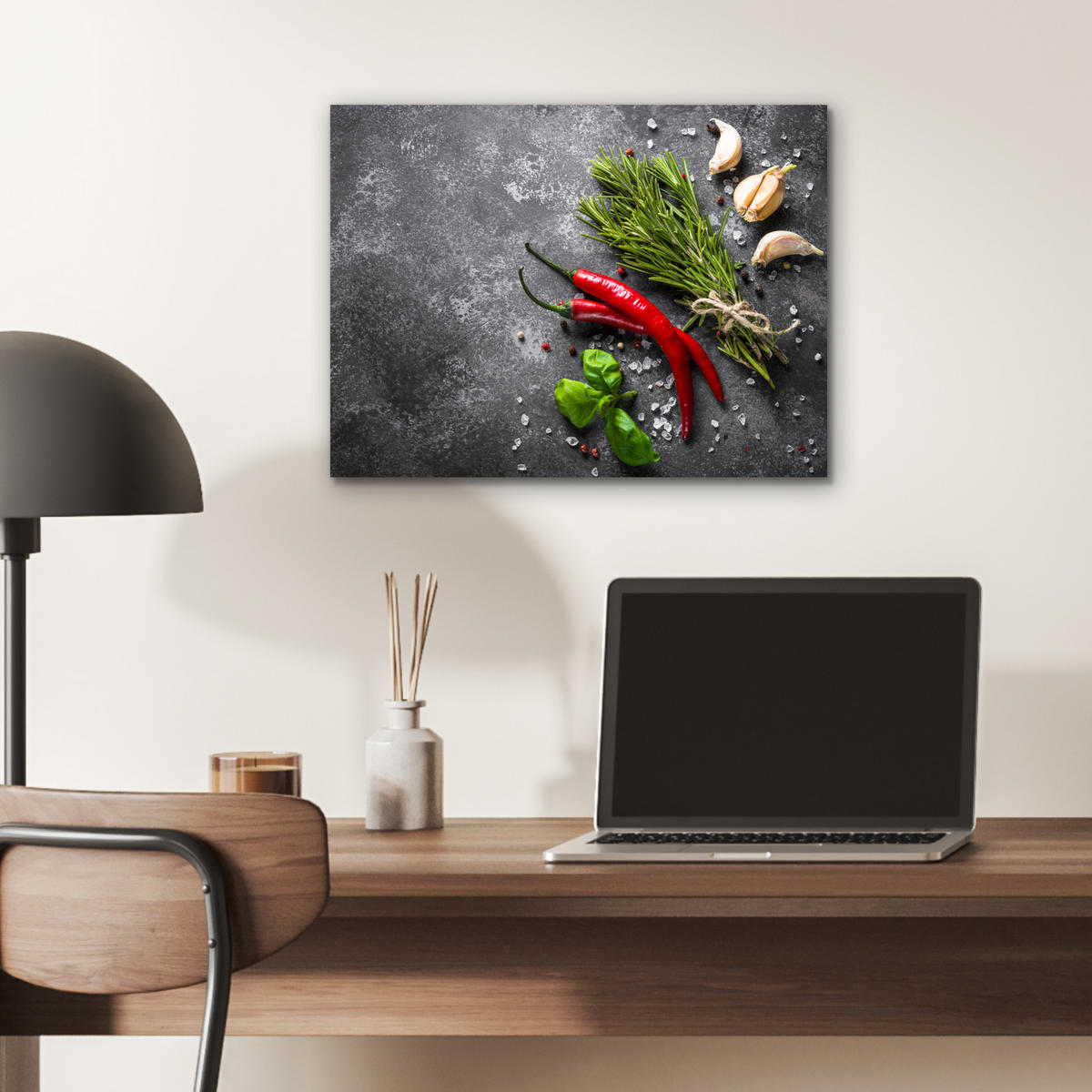 KOVOVÝ OBRAZ Korenie - bylinky - korenie - betón 40x30 cm - tmavosivá, kov (40/30cm) - MuchoWow