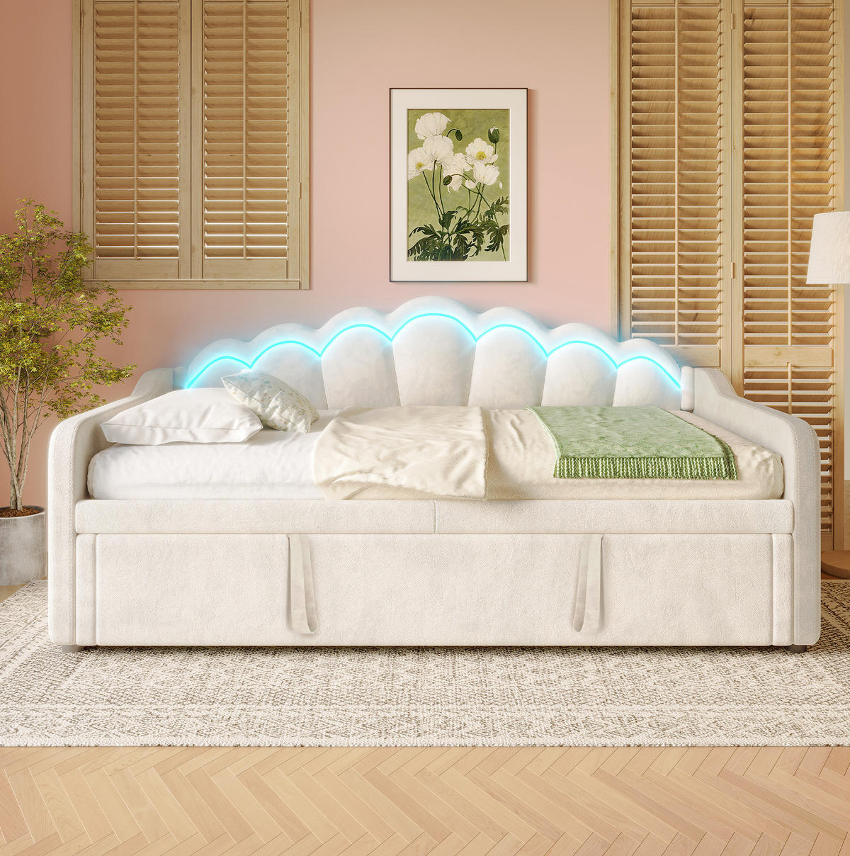 ROZKLADACIA posteľ 90/200 cm béžová zo zamatu s výsuvným lôžkom a farebným LED osvetlením - béžová, textil (90/200cm) - OKWISH