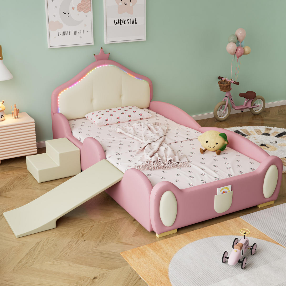 KINDEREINZELBETTEN aus Kunststoff 90x200 cm in Rosa mit LED, Rutsche & Treppe - Rosa, Kunststoff (90/200cm) - Modfu
