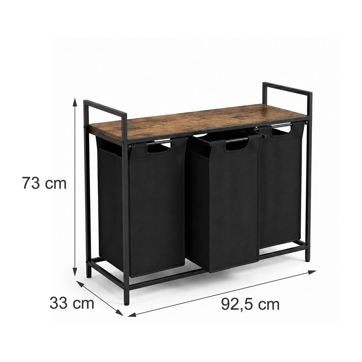 COȘ de rufe negru 3-compartimente cu poliță - negru, material textil/compozit lemnos (92.5/73/33cm) - Relaxdays