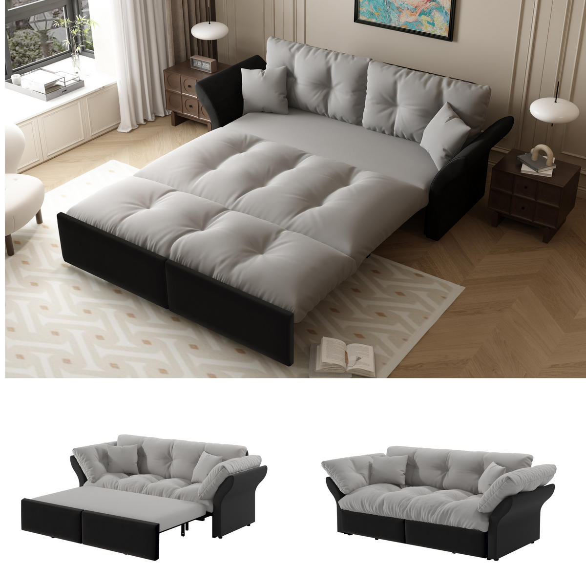 SCHLAFSOFA 190/85/91 cm Hellgrau Samt mit Tufting und 2 weichen Kissen - Hellgrau, Textil (190/91/85cm) - Oxeza