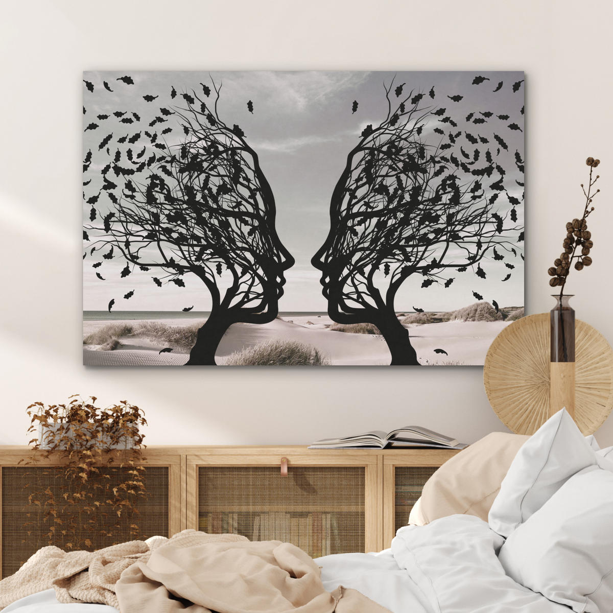 AKUSTIKBILD Strand - Meer - Menschen - Baum - Moderne Kunst Akustikpaneele 90x60 cm - Hellgrau, Kunststoff (90/60/0.9cm) - MuchoWow