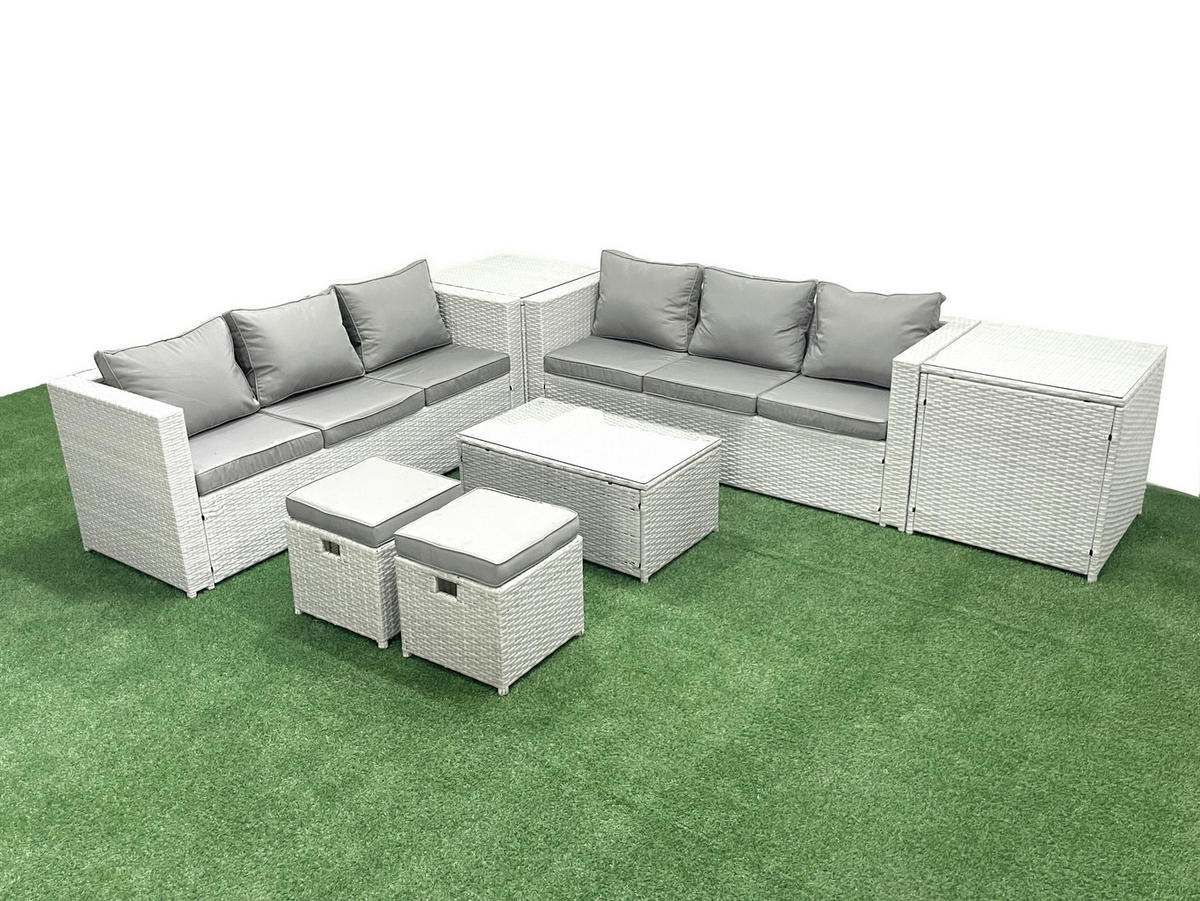 GARTENGARNITUR mit 3-SITZER SOFA,COUCHTISCH Polyrattan Hellgrau-Mix 8-Sitzer - Hellgrau/Grau, Glas/Kunststoff - Fimous