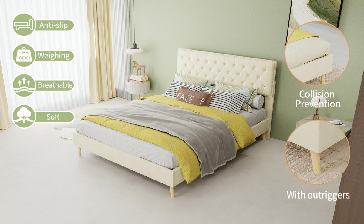 POLSTERBETT 140/200 cm mit Matratze, hohem Kopfteil und Stauraum unter dem Bett, Beige - Beige, Textil (140/200cm) - Redom