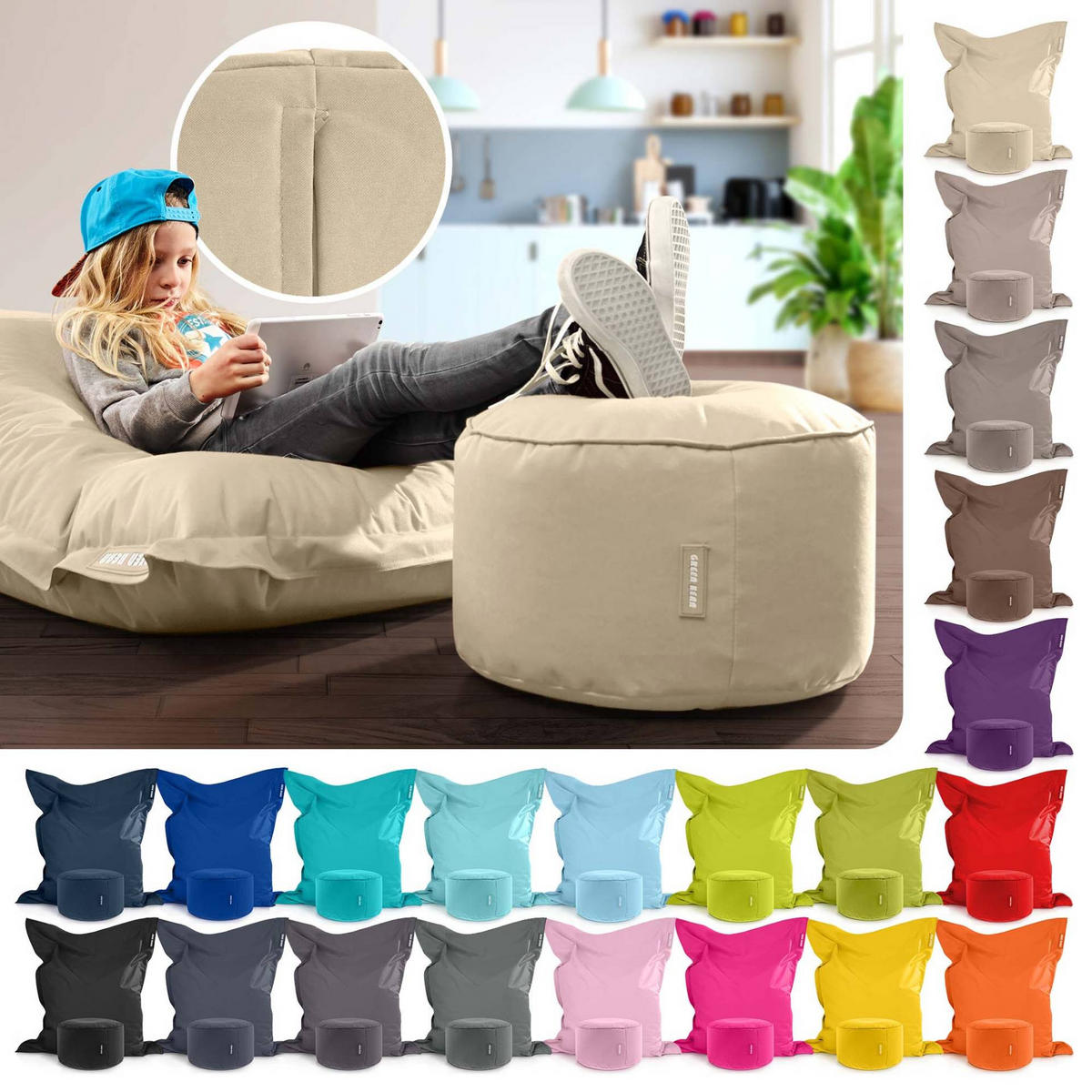 XXL-SITZSACK + Pouf 2er Set - 140x180cm - Beige, Textil (140/25/180cm) - Green Bean