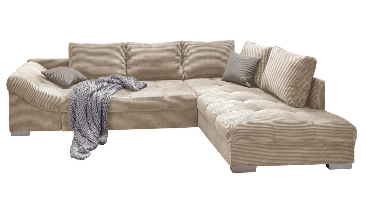 ECKSOFA mit Schlaffunktion, Wellenunterfederung, Ottomane rechts B298/T202/H84 cm, Liegefl. 154x227 cm, Cord Beige / 17203 - Beige/Silberfarben, Holz/Textil (298/202cm) - luma-home