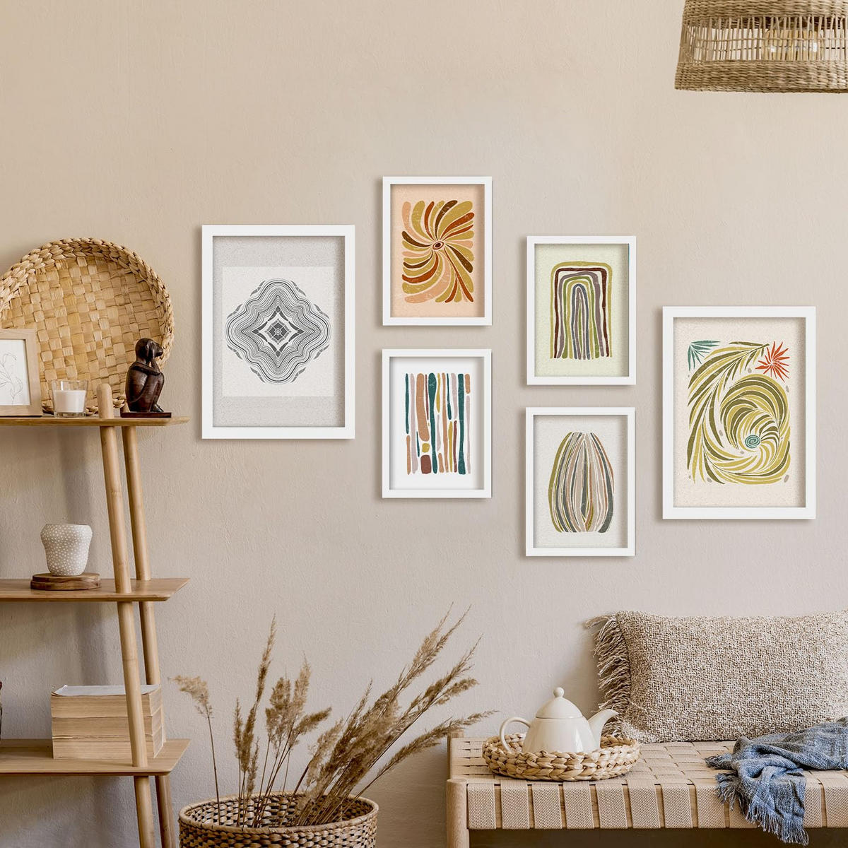POSTER Set Mit 6 Drucken Von Linien In Der Sammlung Von Ethnischenen Ästhetische Dekorative Rahmen Für Zuhause Wandkunstdruck A3 & A4 Weißer Rahmen - Weiß, Papier (29/3cm) - Nacnic