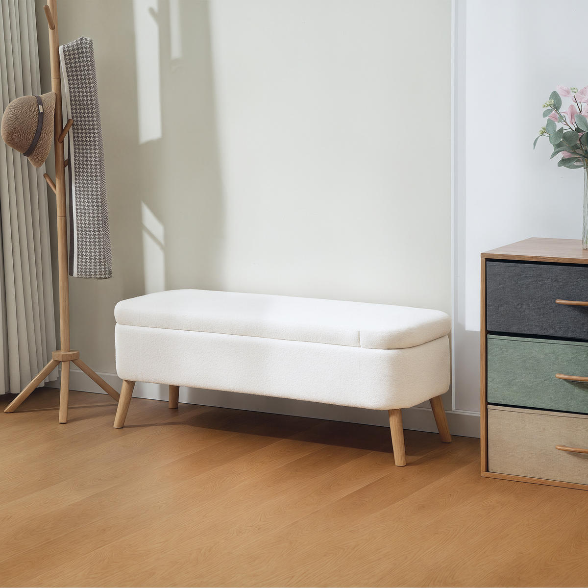 SITZBANK mit Stauraum Polsterbank mit Fleece-Optik, Holzbeine für Wohnzimmer - Creme, Textil (42/45/120cm) - HOMCOM