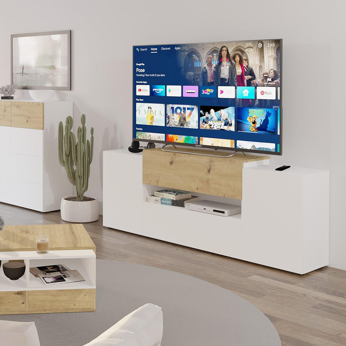 TV-MÖBEL mit 2 Türen und 2 Schubladen, weiß glänzend und Eiche Olpe - L182 cm - Weiß Hochglanz, Holzwerkstoff (33/70/182cm) - Calicosy