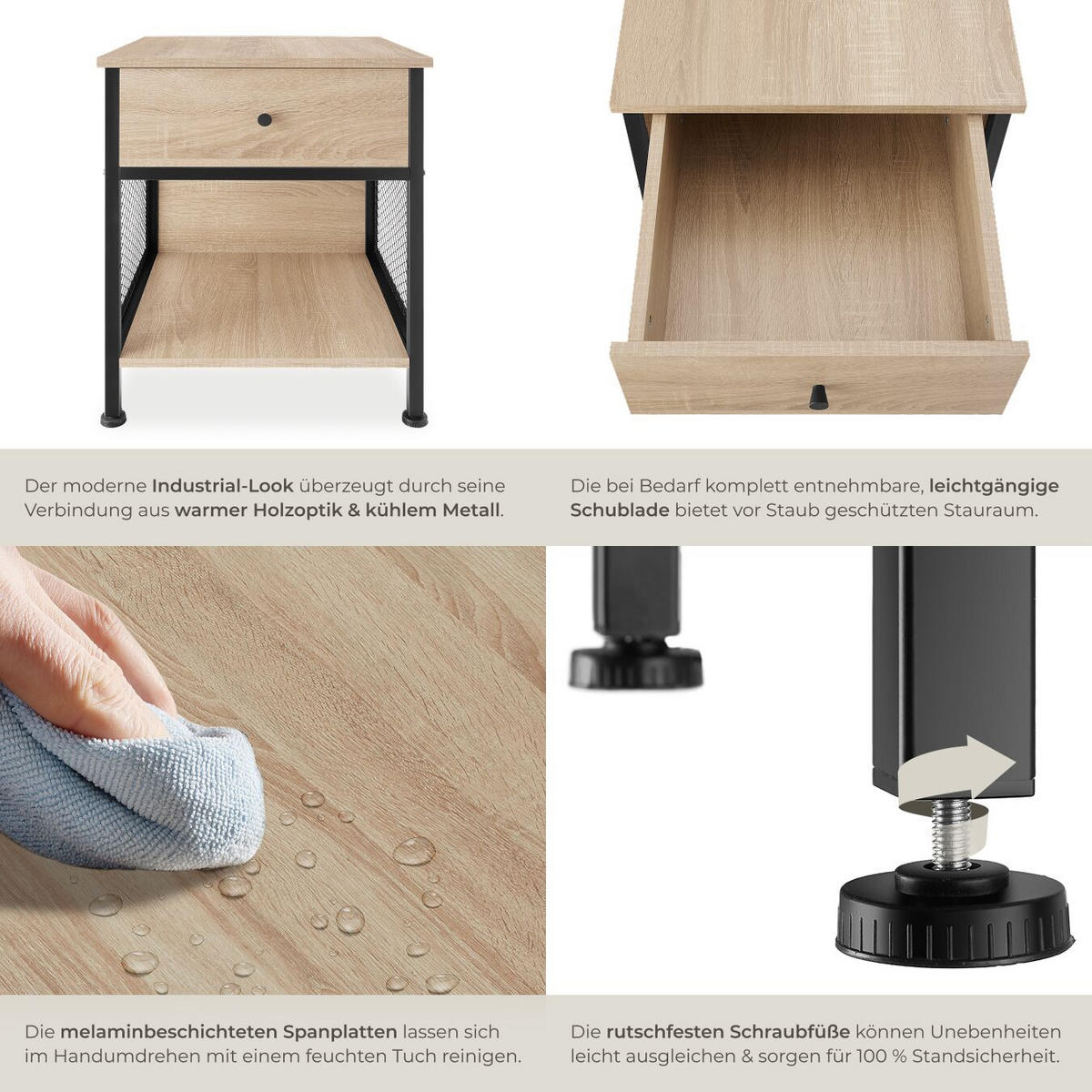 NACHTSCHRANK Killarney, 45 x 46 x 55,5 cm, Industrial Holz hell, Eiche Sonoma - Naturfarben, Holzwerkstoff (45/55.5/46cm) - tectake