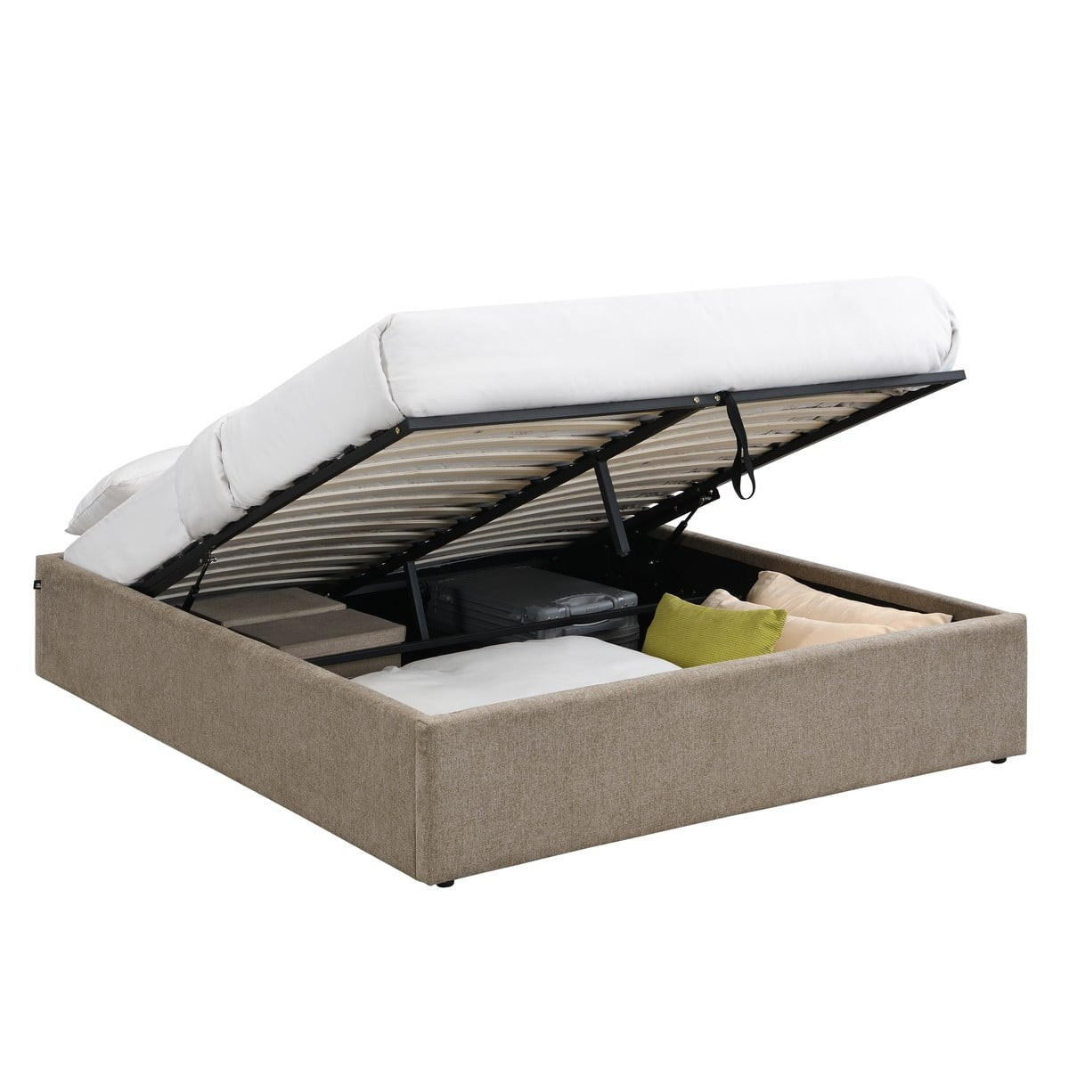 BETT mit Bettkasten 160 x 200 cm aus meliertem Stoff 170/36,50/214 cm - Braun, Holz (200/160cm) - Calicosy