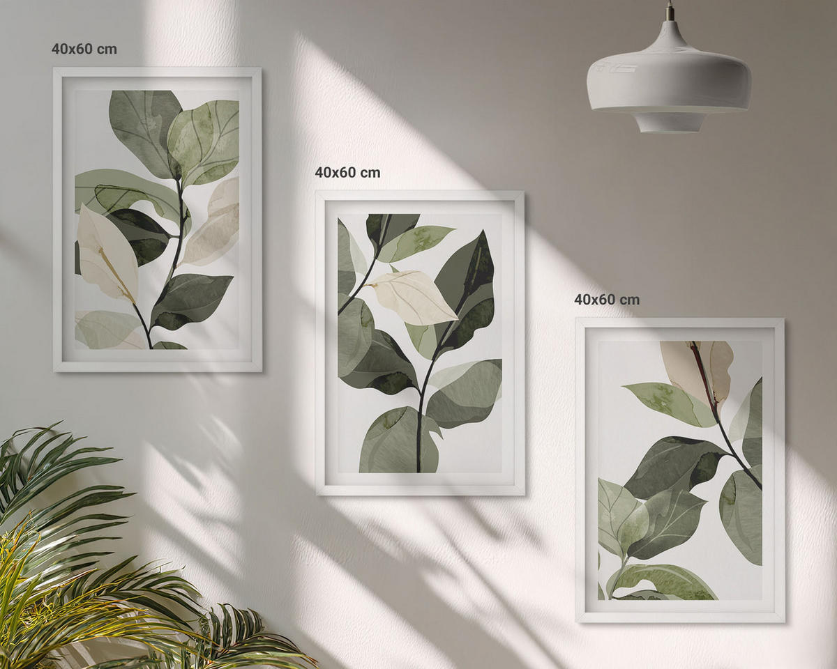 BILDER SET 3er Set - 40x60 cm Weißer Rahmen - Bemalte Boho-Pflanzenblätter - Weiß, Kunststoff (40/60cm) - TULUP