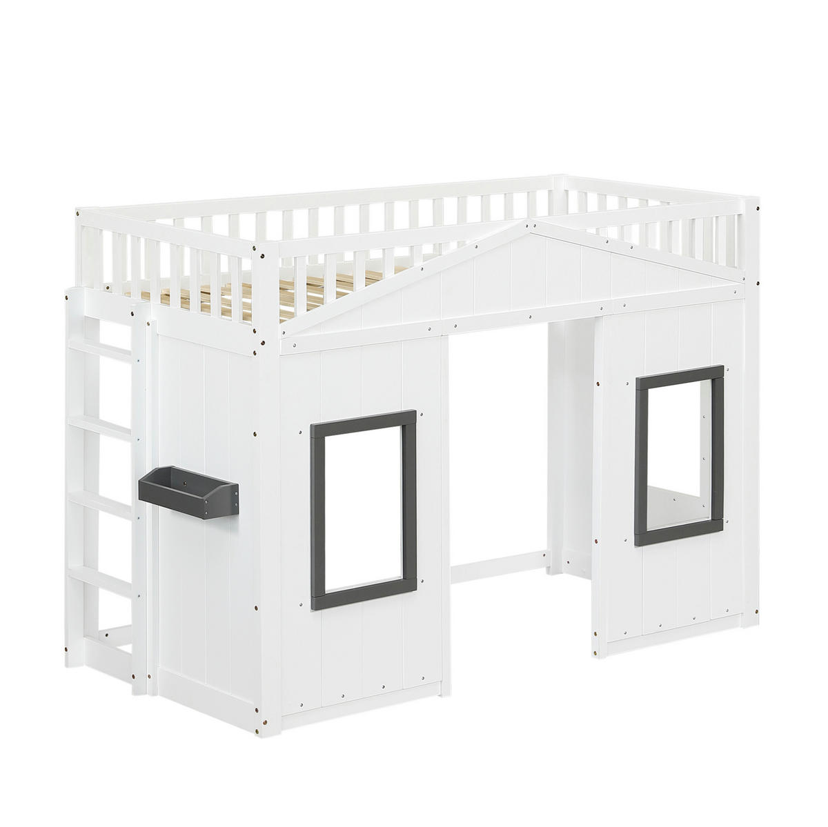 ETAGENBETT 90/200 cm in Weiß mit Treppe und Fenstern - Weiß, Holzwerkstoff (90/200cm) - OKMYHOME