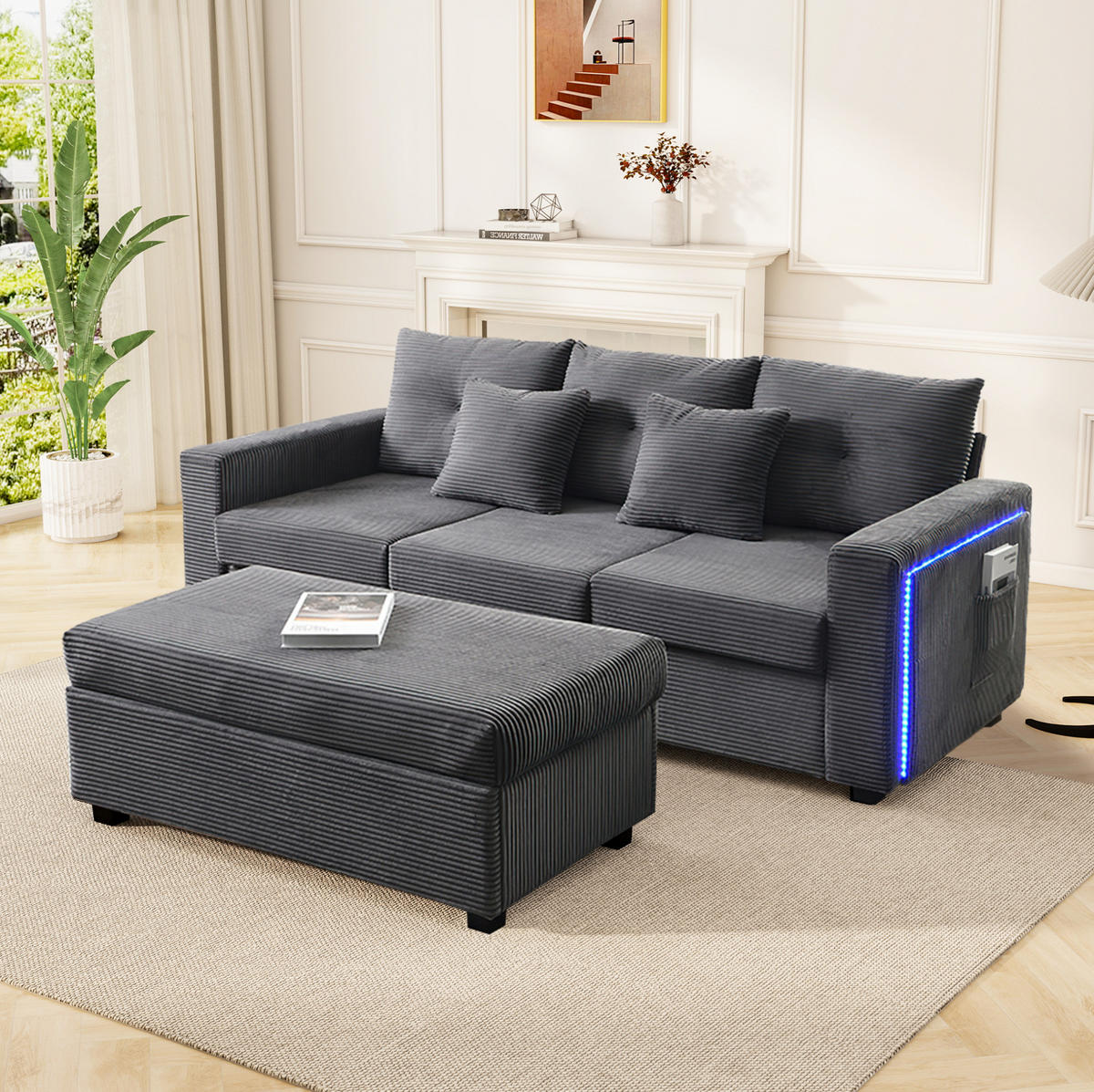 SOFA mit LED und Ottoman L-Form Cord Antique Gray 5-Kissen-Set - Grau, Kunststoff (184/85.5/84.5cm) - Meubliv