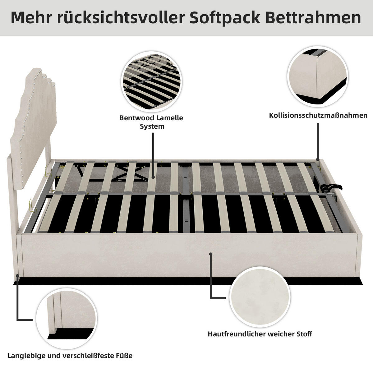 POLSTERBETT 140/200 cm in Beige Stoff mit Geometrischem Kopfteil - Beige, Holzwerkstoff/Textil (140/200cm) - WISHDOR