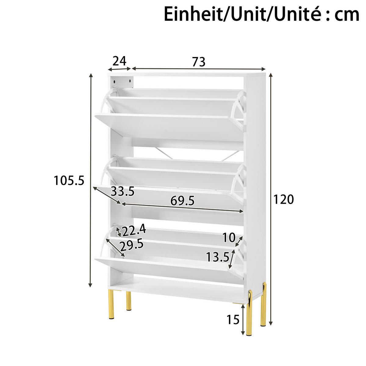 SCHUHSCHRANK 73/24/120 cm mit 3 Türen, griffloses Design und goldfarbenen Beinen, Weiß - Weiß, Holzwerkstoff (73/120/24cm) - Redom