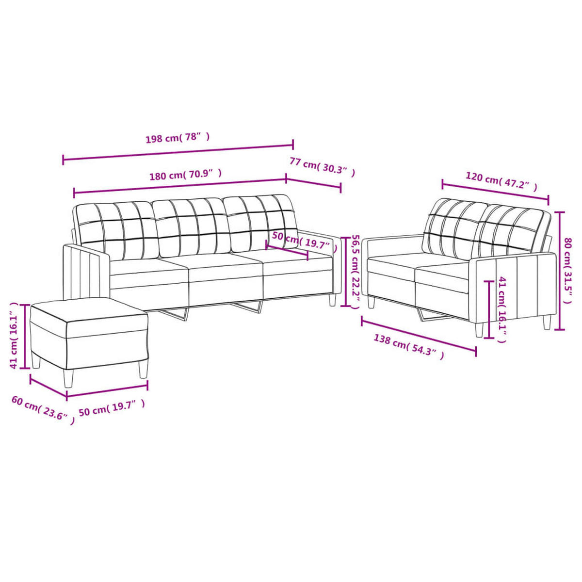 SOFAGARNITUR 3-TLG. Mit Kissen Dunkelgrau Stoff - Grau, Textil (50/41/60cm) - vidaXL