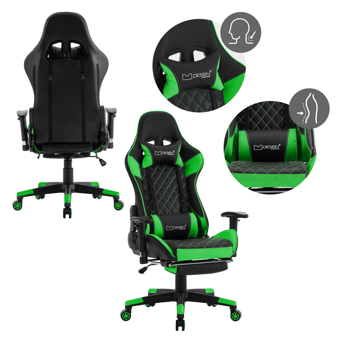 GAMING-STUHL Schwarz-Grün - Grün, Metall (68/135/73cm) - ML-DESIGN