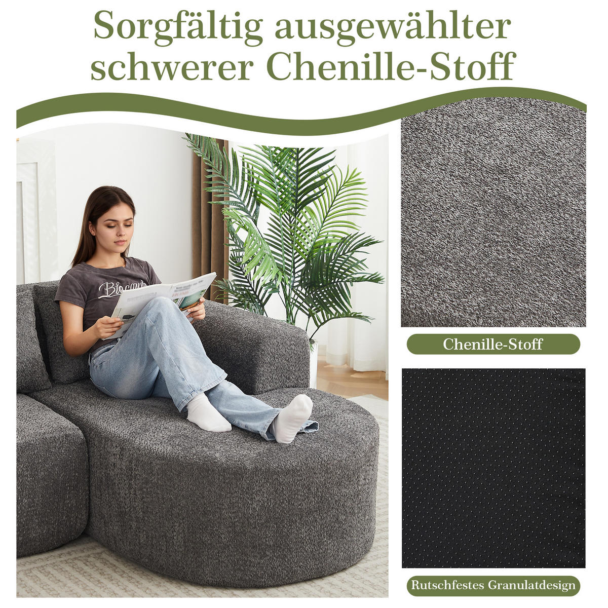 ECKSOFA 222/157/73 cm Grau Chenille mit 3 Kissen (Rechte Seite) - Anthrazit, Textil (157/222cm) - Oxeza