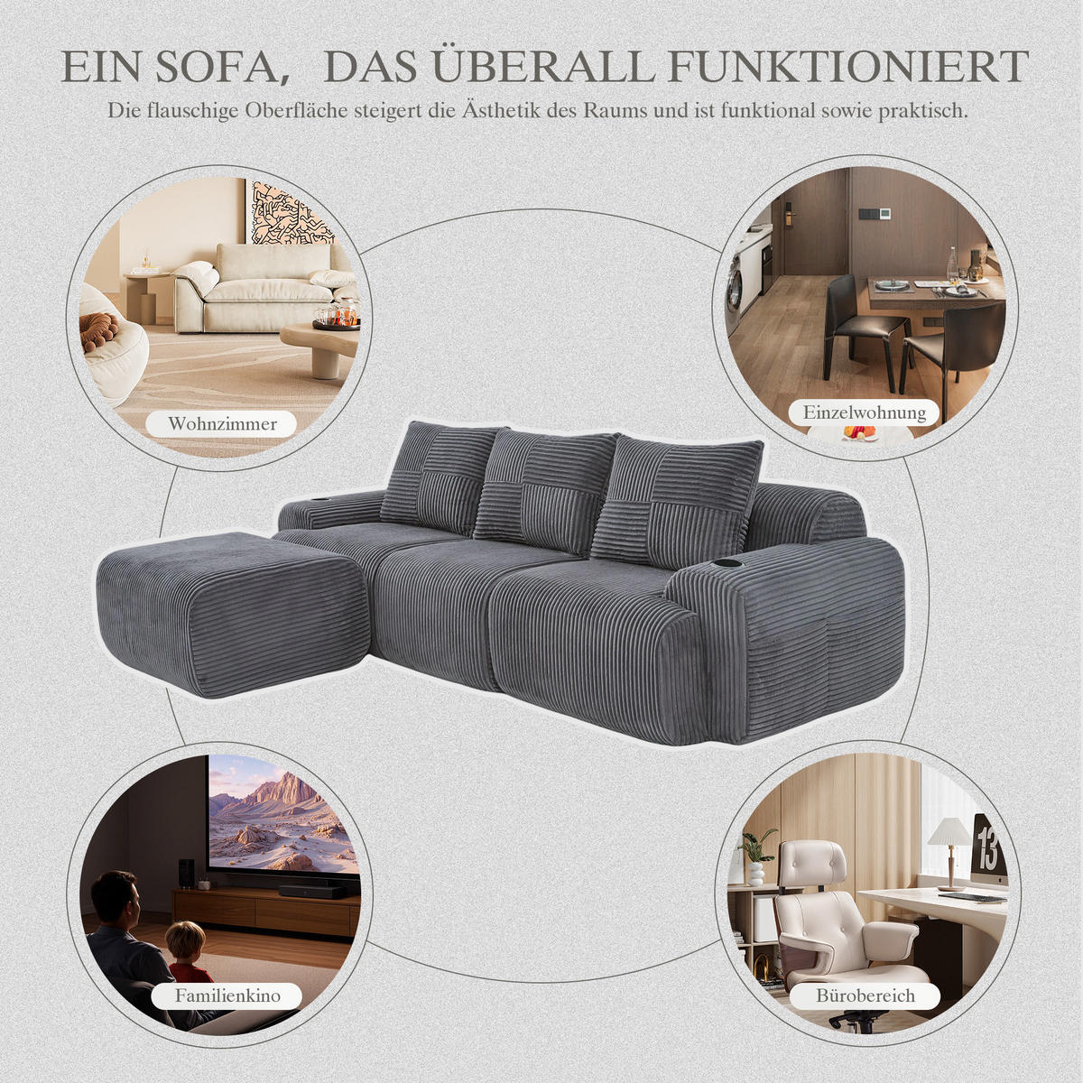 MODULARES Cordsofa 3-Sitzer mit Hocker Getränkehalter und Tasche 268/174/80 cm Dunkelgrau - Dunkelgrau, Textil (174/268cm) - Redom