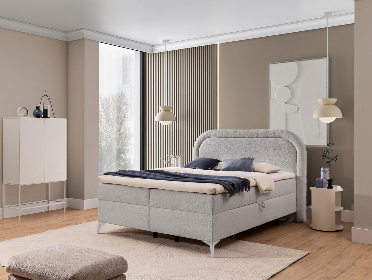 BOXBETT Sonna 140/200 cm Hellgrau Bouclé-Stoff mit abgerundetem Kopfteil und mit silbernen Metallfüßen - Silberfarben/Hellgrau, Holz/Textil (140/200cm) - S-Style Möbel