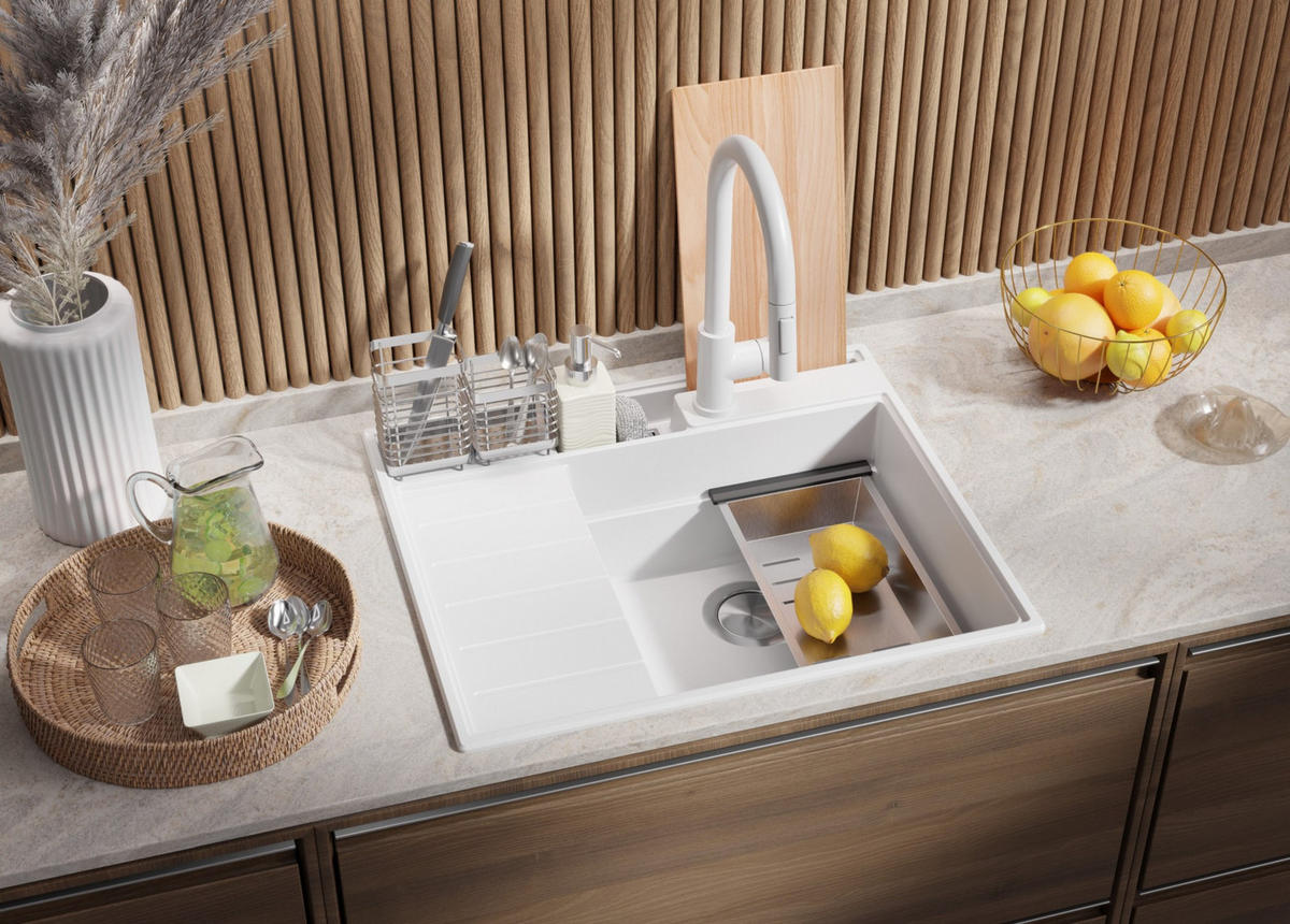 SPÜLBECKEN Sydney Pocket, 2-er set Weiß 62/53 cm 1 Becken + Ablauf-Set + Küchenzubehörset ab 45er Unterschrank - Chromfarben/Beige, Kunststoff (62/20/53cm) - Primagran