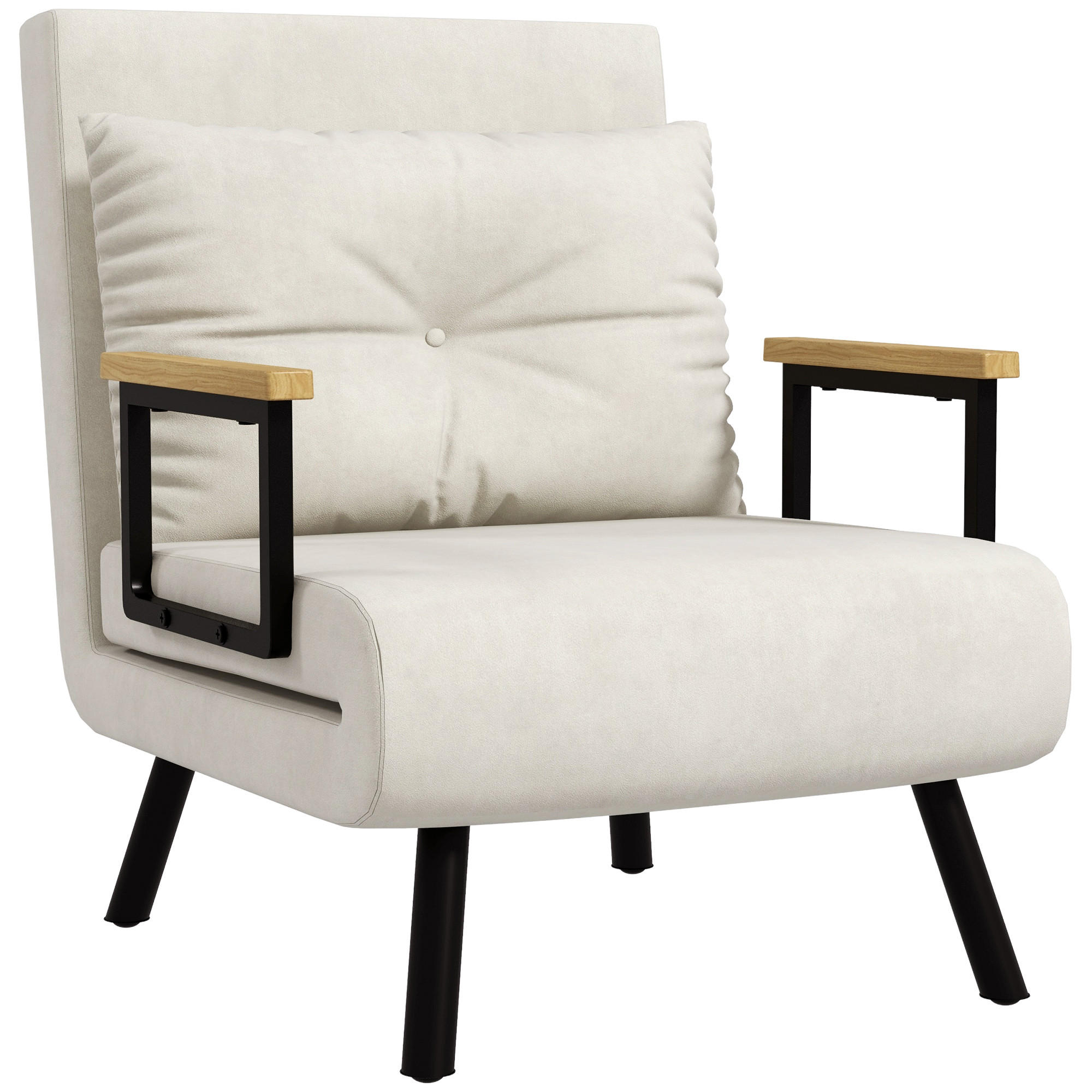 SCHLAFSESSEL, Einzelsofa mit Bettfunktion, Relaxsessel mit Rückenkissen Creme - Creme/Schwarz, Holz/Textil (63/81/73cm) - HOMCOM